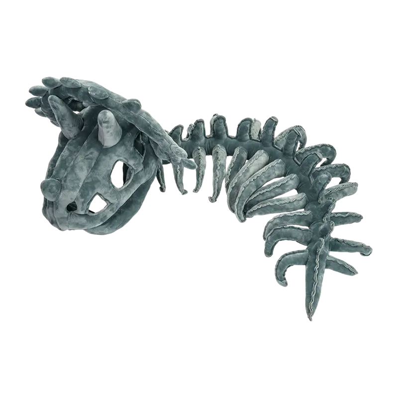 Tummanharmaa aikuisen kokoinen dinosauruksen luuranko-pehmohattu